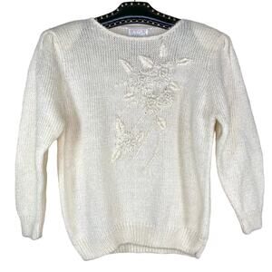 Lindsey Blake Petites Wool Sweater Embroidered Floral Beaded Small